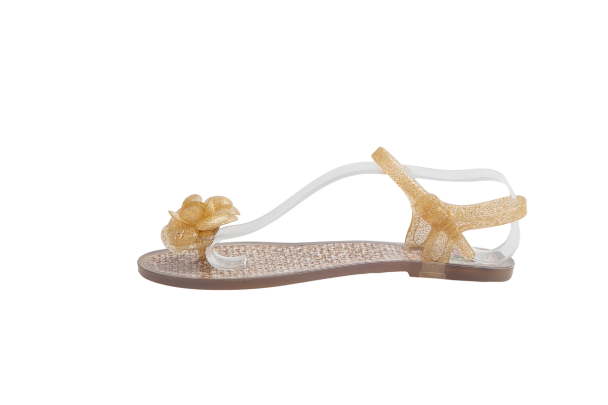 DESAPEGO THASSIA NAVES CHANEL SANDAL FLAT GOLD GLITTER JELLY CAMELLIA FLOWER - 37 BR