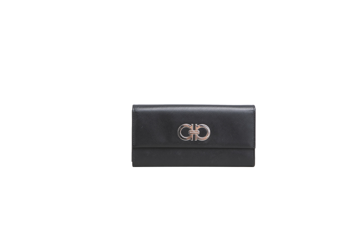 FERRAGAMO WALLET LONG DOUBLE GANCINI BLACK