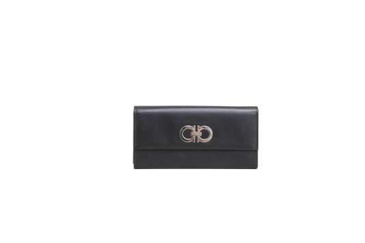 FERRAGAMO WALLET LONG DOUBLE GANCINI BLACK