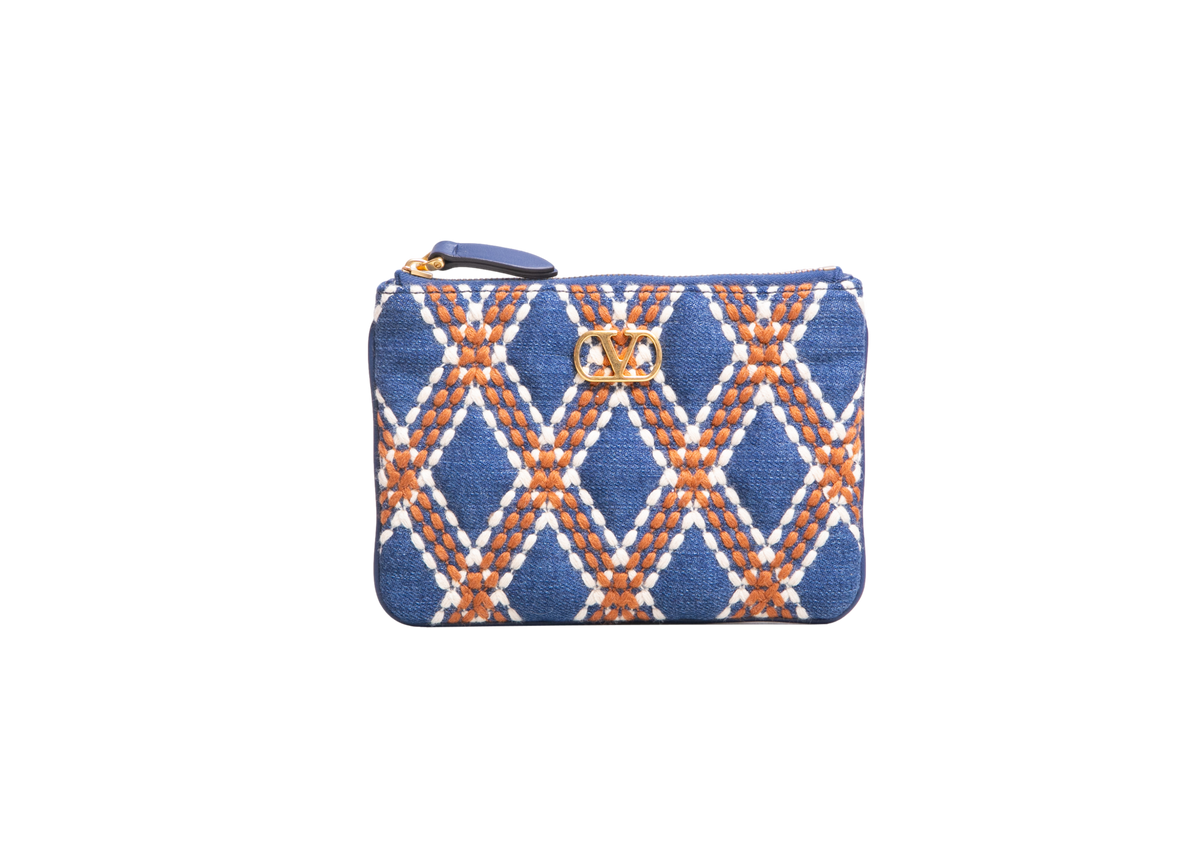 VALENTINO QUILTIE 67 EMBROIDERED BLUE DENIM POUCH