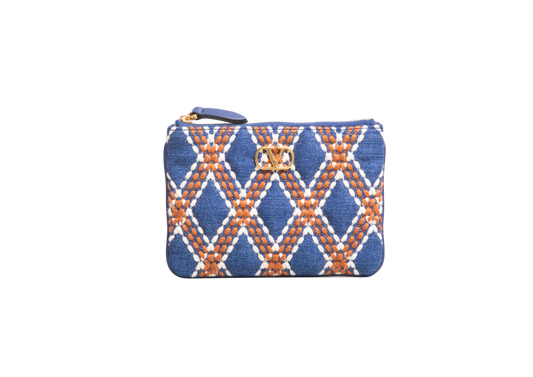 VALENTINO QUILTIE 67 EMBROIDERED BLUE DENIM POUCH