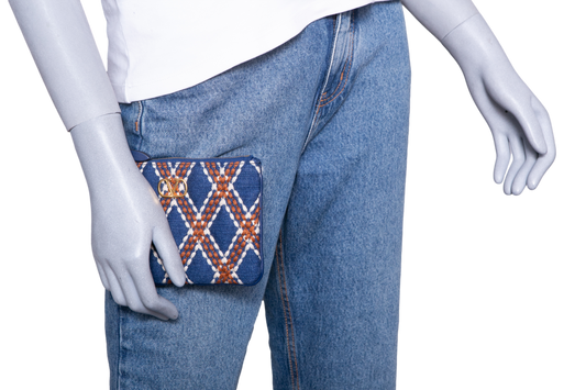 VALENTINO QUILTIE 67 EMBROIDERED BLUE DENIM POUCH