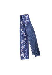 HERMÈS SILK METALLIC AGNEAU LES CLES A POIS FRINGED TWILLY BLEU MARINE/GRIS/ARGENT