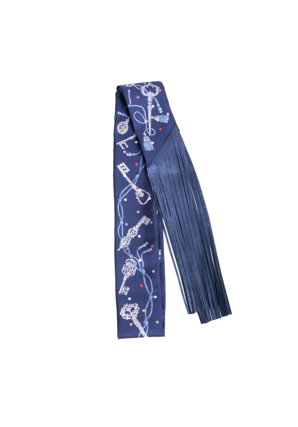 HERMÈS SILK METALLIC AGNEAU LES CLES A POIS FRINGED TWILLY BLEU MARINE/GRIS/ARGENT