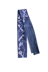 HERMÈS SILK METALLIC AGNEAU LES CLES A POIS FRINGED TWILLY BLEU MARINE/GRIS/ARGENT