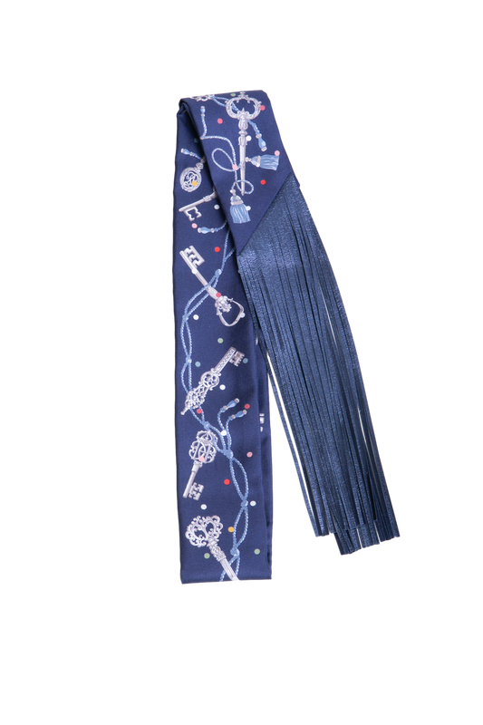 HERMÈS SILK METALLIC AGNEAU LES CLES A POIS FRINGED TWILLY BLEU MARINE/GRIS/ARGENT