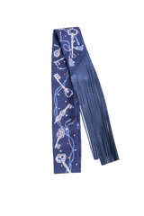 HERMÈS SILK METALLIC AGNEAU LES CLES A POIS FRINGED TWILLY BLEU MARINE/GRIS/ARGENT