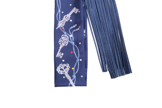 HERMÈS SILK METALLIC AGNEAU LES CLES A POIS FRINGED TWILLY BLEU MARINE/GRIS/ARGENT
