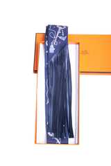 HERMÈS SILK METALLIC AGNEAU LES CLES A POIS FRINGED TWILLY BLEU MARINE/GRIS/ARGENT