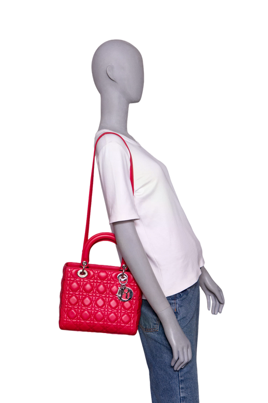 DIOR LADY DIOR MEDIUM CANNAGE LAMBSKIN FUCHSIA RED
