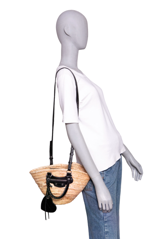 BALENCIAGA LE CAGOLE RAFFIA WOVEN SMALL BLACK/NATURAL