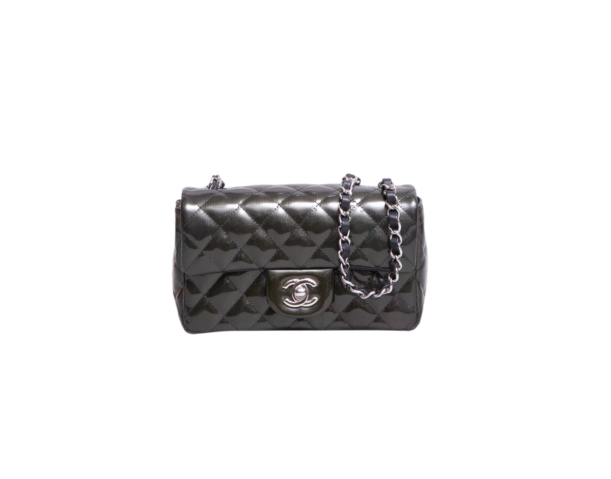 CHANEL MINI RECTANGLE PATENT QUILTED OLIVE GREEN SILVER HDWR