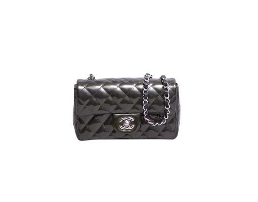 CHANEL MINI RECTANGLE PATENT QUILTED OLIVE GREEN SILVER HDWR