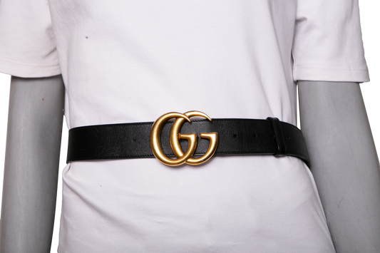 GUCCI BELT DOUBLE G LOGO LEATHER BLACK