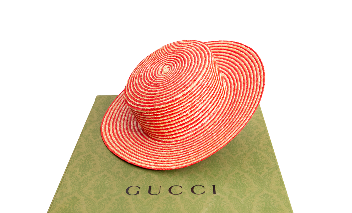 GUCCI STRIPED STRAW BOATER HAT BICOLOR