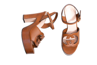 GUCCI PLATFORM SANDAL COSMOS SOFTY CALFSKIN WOODEN INTERLOCKING G CUIR - 37 BR