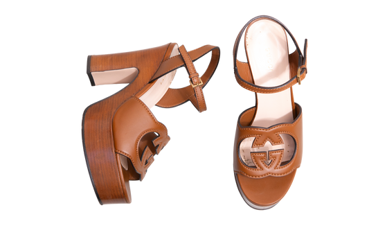 GUCCI PLATFORM SANDAL COSMOS SOFTY CALFSKIN WOODEN INTERLOCKING G CUIR - 37 BR