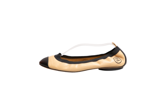 CHANEL BALLET FLAT BEIGE AND BLACK TWO-TONE ELASTIC - 38 BR