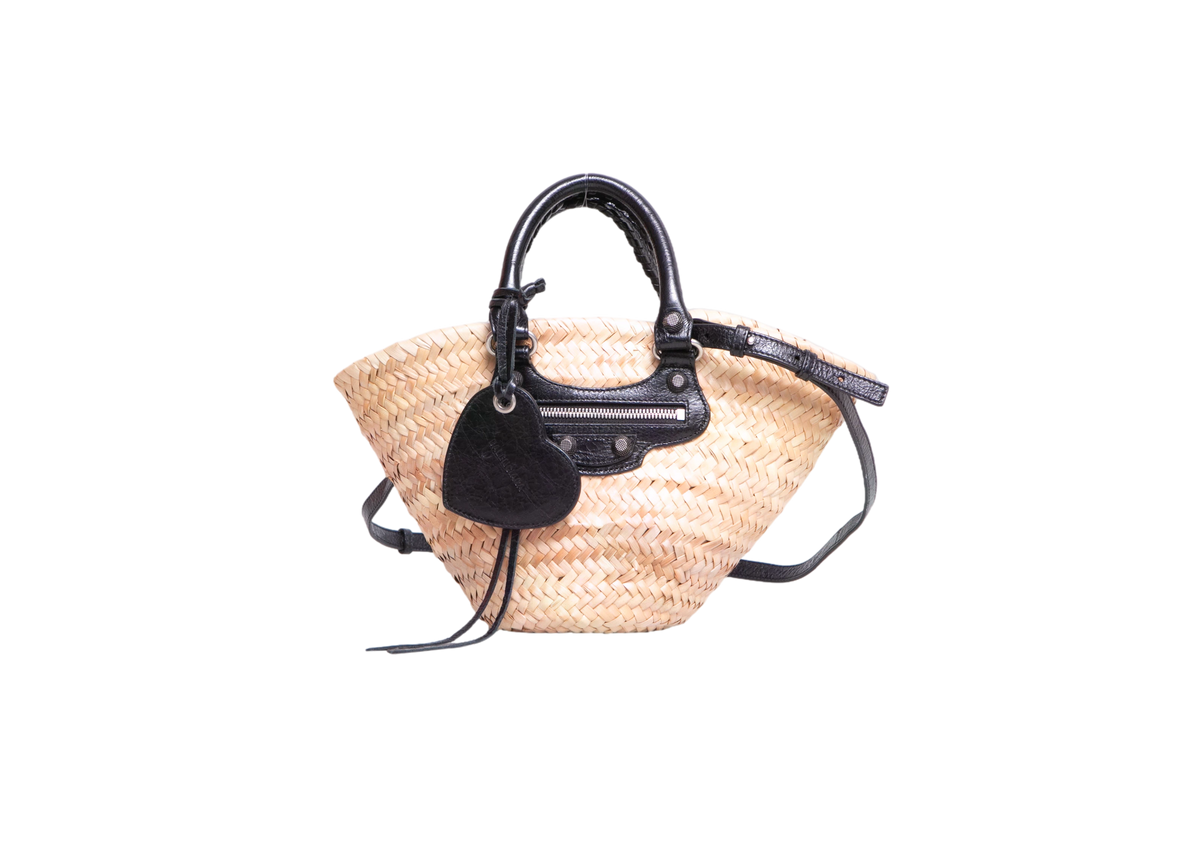 BALENCIAGA LE CAGOLE RAFFIA WOVEN SMALL BLACK/NATURAL