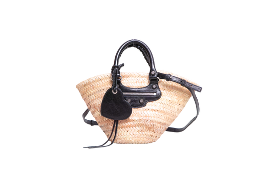 BALENCIAGA LE CAGOLE RAFFIA WOVEN SMALL BLACK/NATURAL