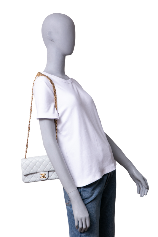 CHANEL RECTANGLE MINI LAMBSKIN SHINY LIGHT GRAY AND CHAIN GOLD