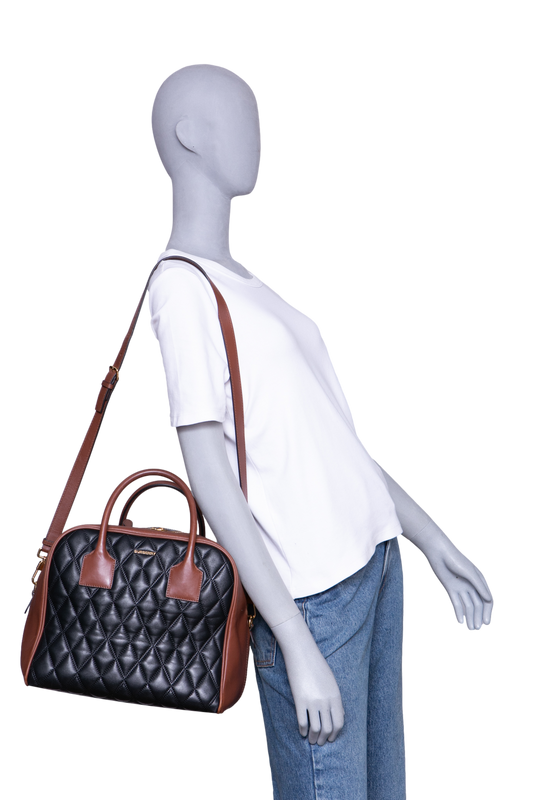 BURBERRY MEDIUM CUBE QUILTED LEATHER SATCHEL BLACK BROWN