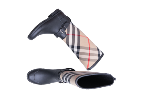 BURBERRY RUBBER BOOT WITH VINTAGE CHECK UPPER BLACK ARCHIVE BEIGE - 35 BR