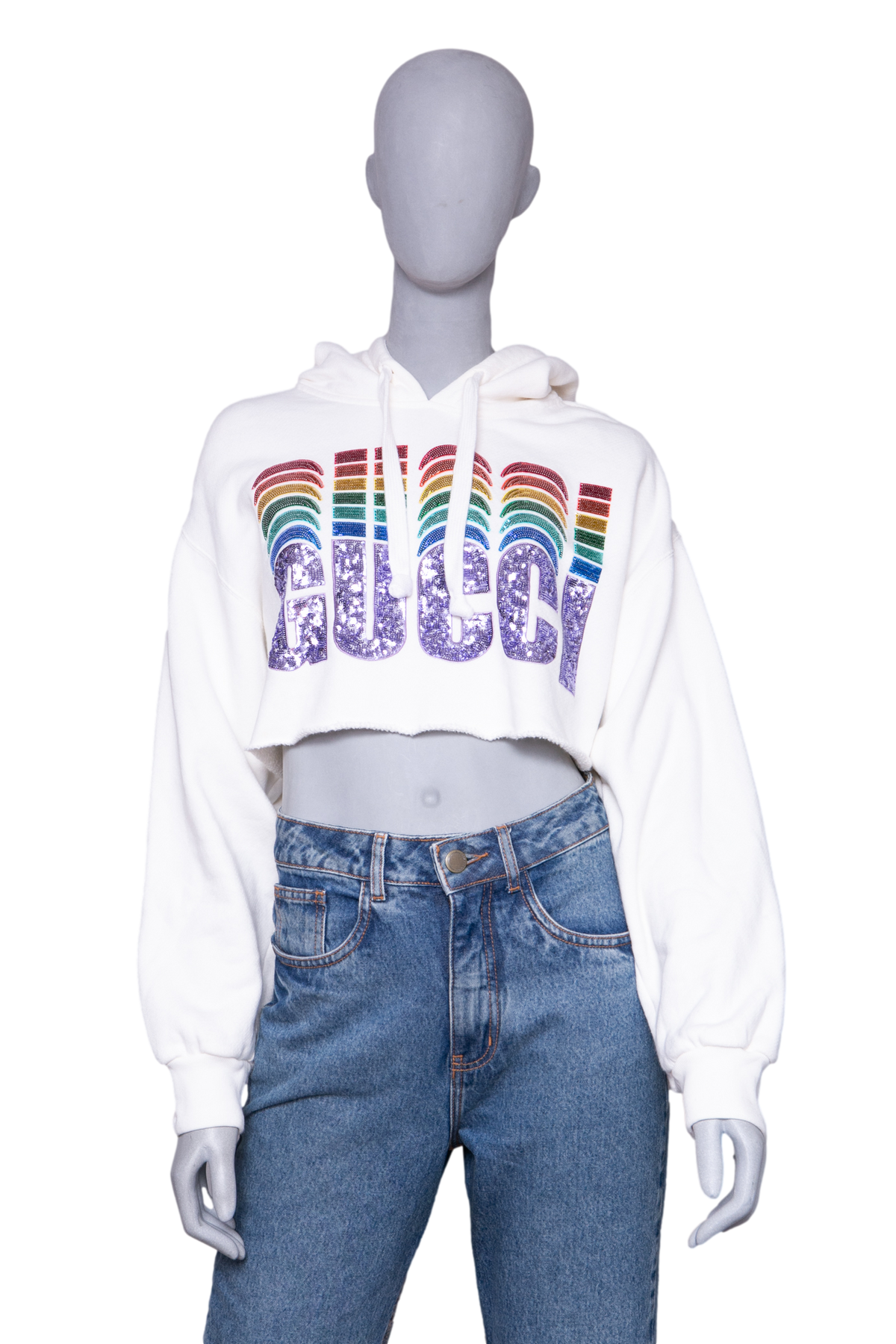 DESAPEGO RAFA JUSTUS GUCCI WHITE SEQUINED COTTON CROPPED HODDIE