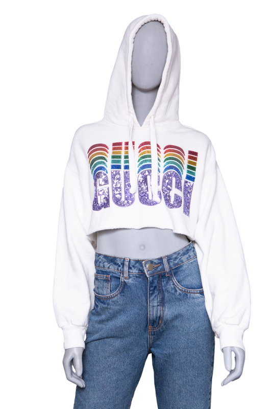 DESAPEGO RAFA JUSTUS GUCCI WHITE SEQUINED COTTON CROPPED HODDIE