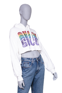 DESAPEGO RAFA JUSTUS GUCCI WHITE SEQUINED COTTON CROPPED HODDIE