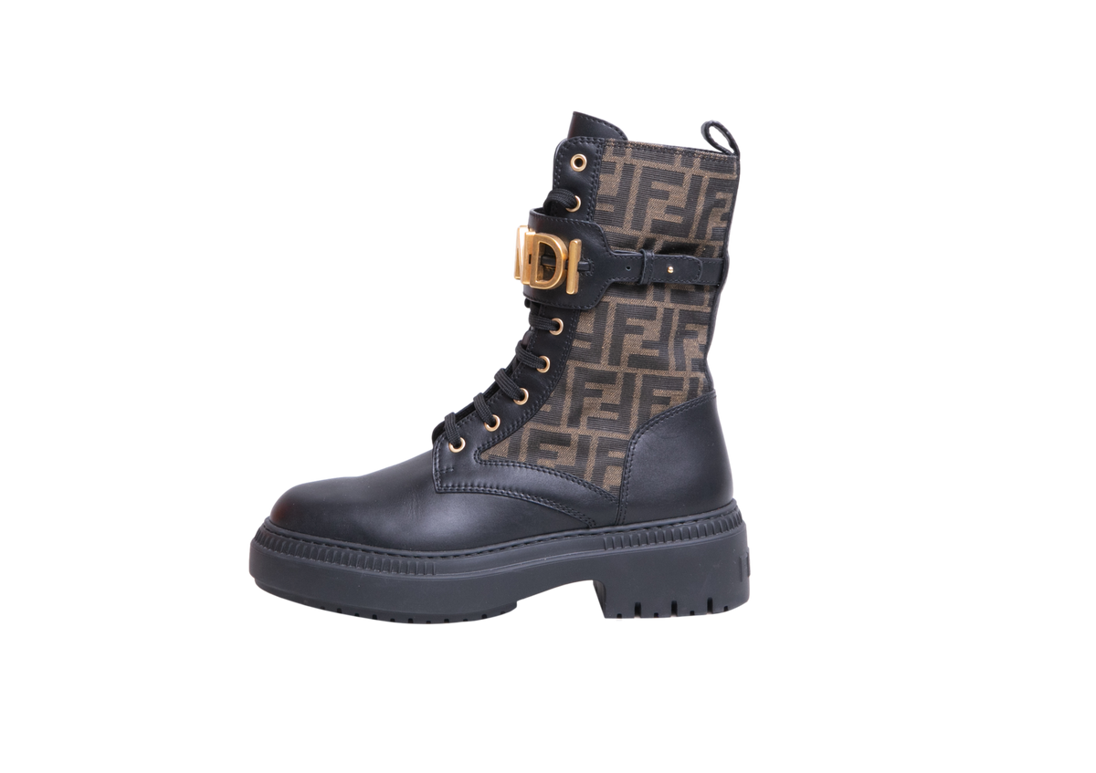 DESAPEGO RAFA JUSTUS FENDI FENDIGRAPHY BIKER BOOTS ZUCCA/BLACK - GOLD HDWR - 38 BR