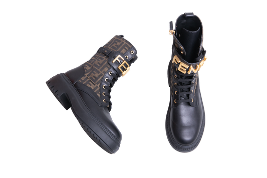 DESAPEGO RAFA JUSTUS FENDI FENDIGRAPHY BIKER BOOTS ZUCCA/BLACK - GOLD HDWR - 38 BR