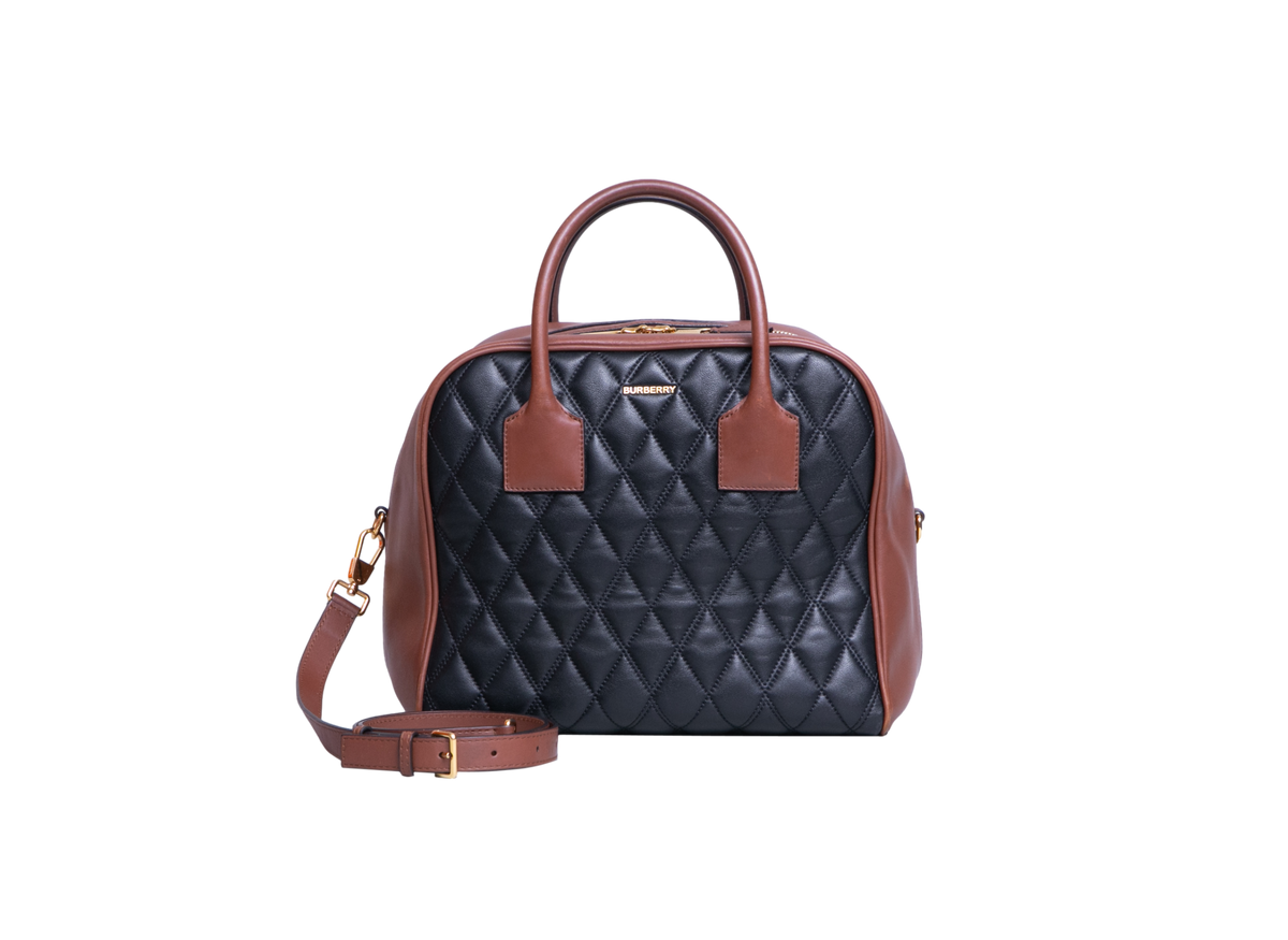 BURBERRY MEDIUM CUBE QUILTED LEATHER SATCHEL BLACK BROWN