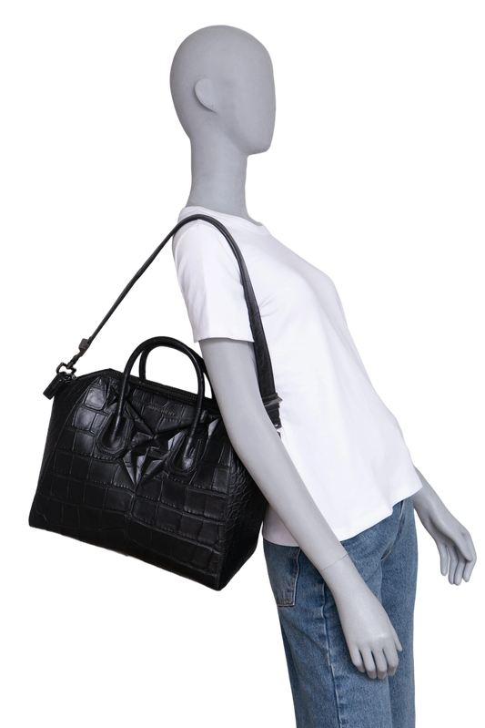GIVENCHY ANTIGONA MEDIUM CROC EMBOSSED SATCHEL BLACK