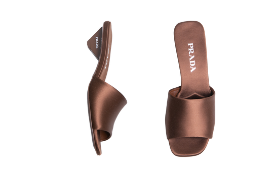 PRADA SQUARE-TOE SATIN MULE BROWN - 37 BR