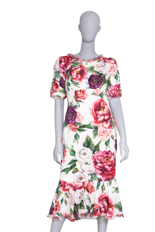 DG DRESS MIDI FLORAL BUTTONS W/FRILLS