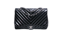 CHANEL CLASSIC JUMBO CHEVRON PATENT LEATHER BLACK