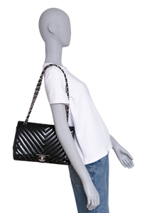 CHANEL CLASSIC JUMBO CHEVRON PATENT LEATHER BLACK