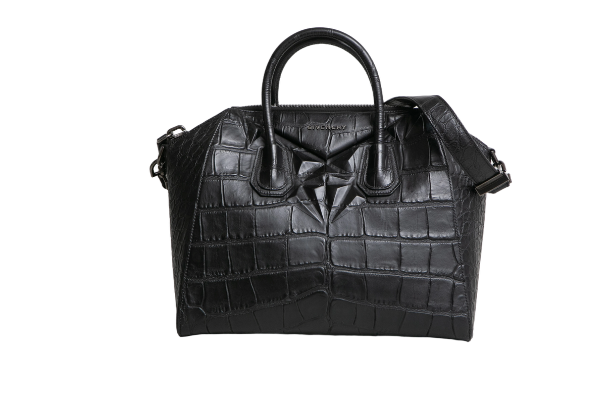 GIVENCHY ANTIGONA MEDIUM CROC EMBOSSED SATCHEL BLACK