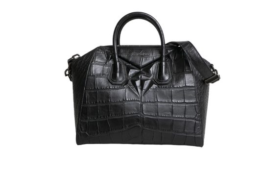 GIVENCHY ANTIGONA MEDIUM CROC EMBOSSED SATCHEL BLACK