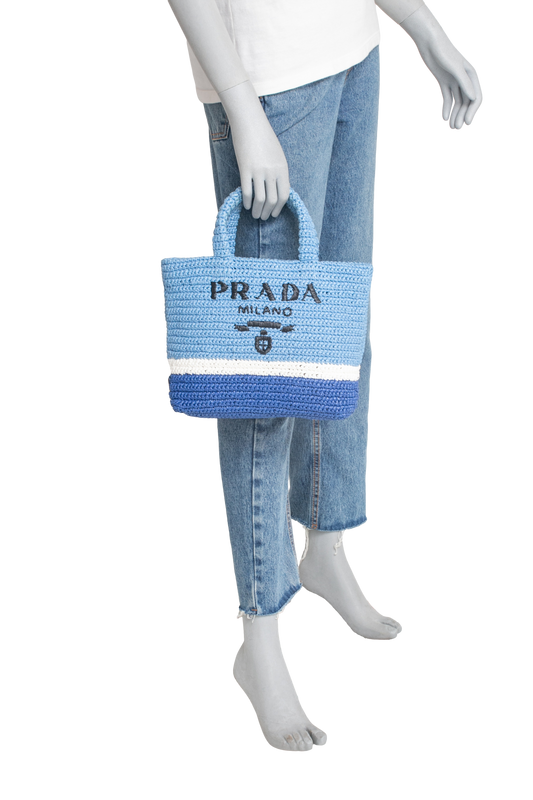 PRADA TOTE YARN RAFFIA EFFECT CROCHET CELESTE BLUE