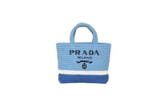 PRADA TOTE YARN RAFFIA EFFECT CROCHET CELESTE BLUE