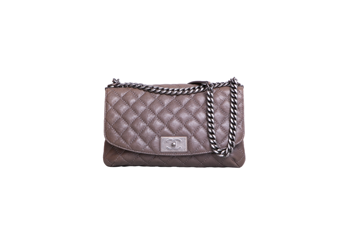 CHANEL CC PLATE HOBO FLAP BAG CAVIAR BRONZE - RUTHENIUM HDWR