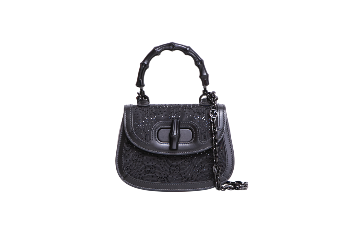 GUCCI BAMBOO 1947 MINI BAG CRYSTALS NYLON/LEATHER ALL BLACK