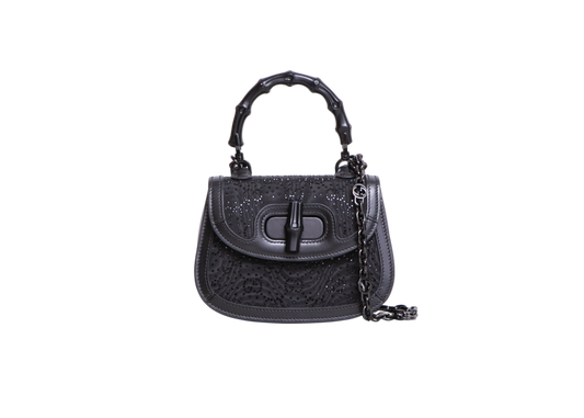 GUCCI BAMBOO 1947 MINI BAG CRYSTALS NYLON/LEATHER ALL BLACK