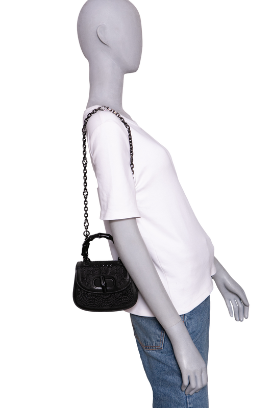 GUCCI BAMBOO 1947 MINI BAG CRYSTALS NYLON/LEATHER ALL BLACK