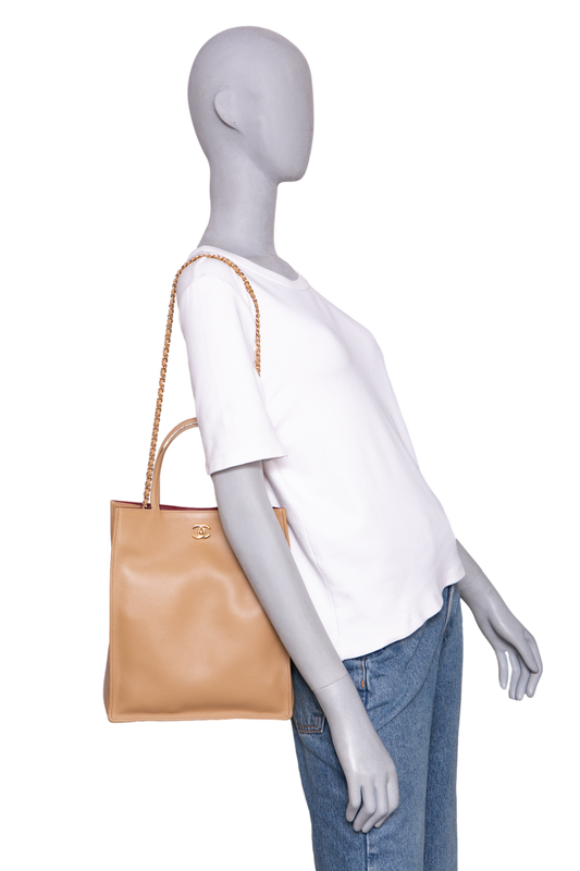 PETIT CABAS BEIGE FONCÉ/BURGUNDY-GOLD HDWR