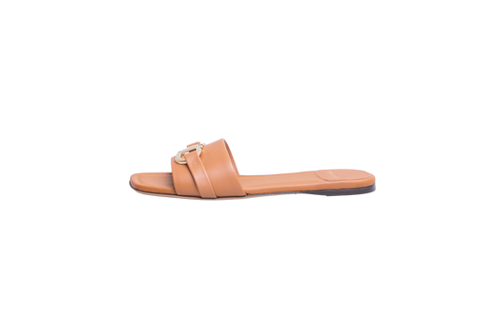FERRAGAMO LEAH SLIDES LEATHER CARAMEL - 37 1/2 BR