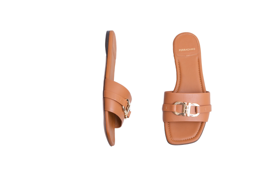 FERRAGAMO LEAH SLIDES LEATHER CARAMEL - 37 1/2 BR