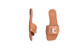 FERRAGAMO LEAH SLIDES LEATHER CARAMEL - 37 1/2 BR